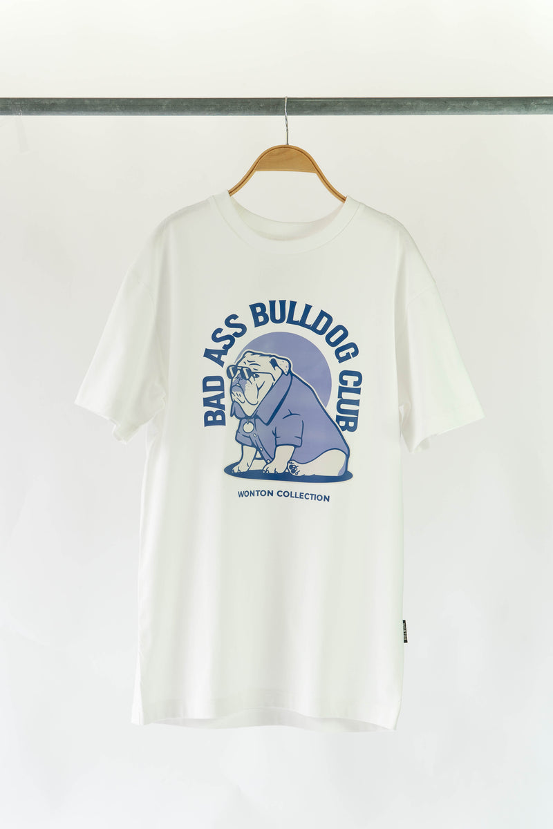 WONTON BAD ASS BULLDOG CLUB human t-shirt in white and blue