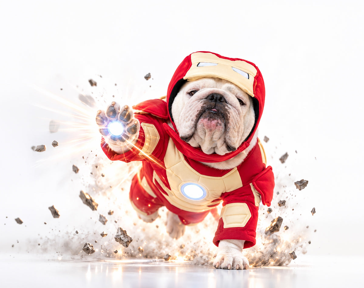 Wonton in the red and gold Iron Hound costume with a glowing raised paw.